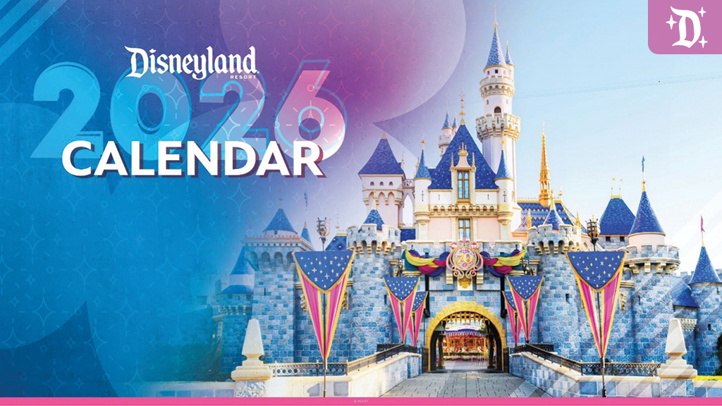 Disneyland Resort 2026 calendar banner featuring Sleeping Beauty Castle decorated in blue, pink, and gold anniversary banners.