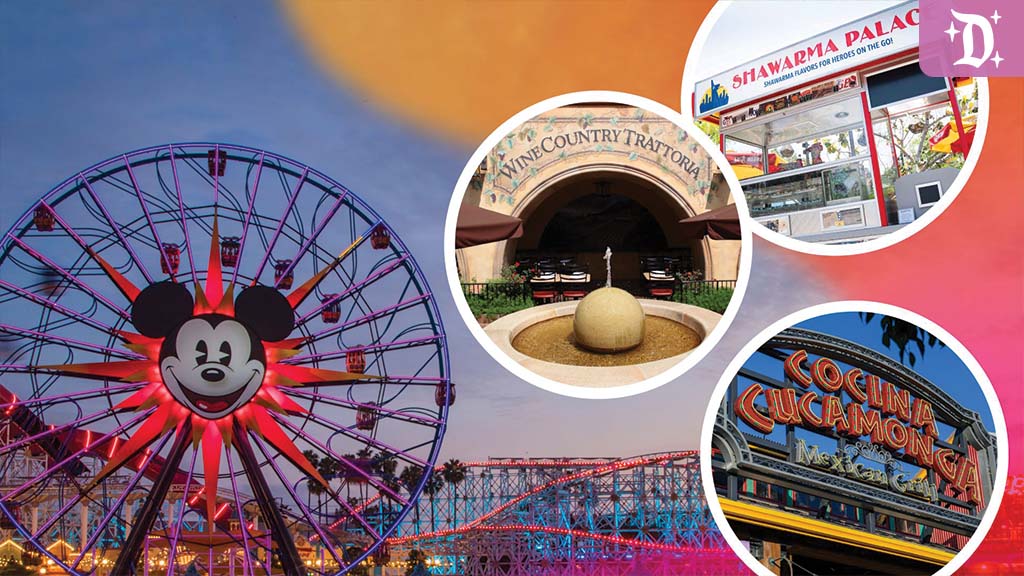 Collage of Disney California Adventure dining spots including Shawarma Palace, Wine Country Trattoria, Cocina Cucamonga, and the Mickey's Fun Wheel at dusk.