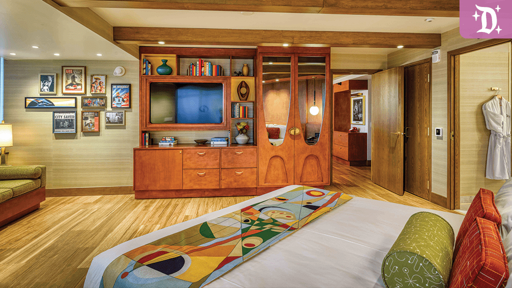 Colorful mid-century style Incredibles Suite at Pixar Place Hotel with vibrant decor, retro furnishings, and themed artwork on the walls.