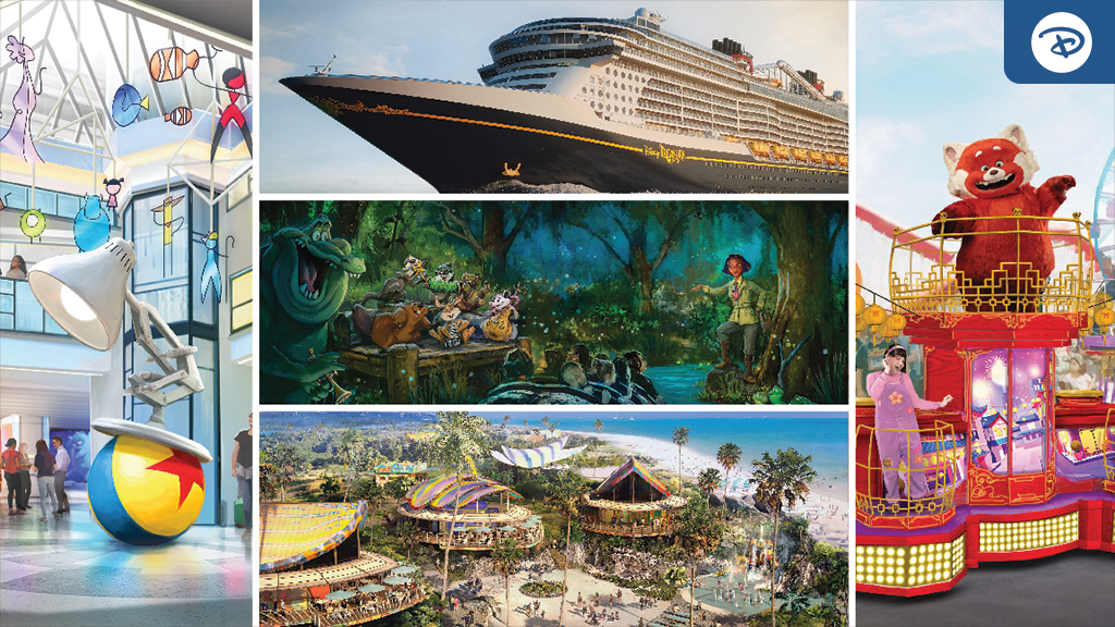 A collage featuring a Disney cruise ship, vibrant attractions, animated characters, and playful scenes from various Disney-themed environments.