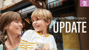 A woman smiles at a young boy, both enjoying ice cream outside a Downtown Disney storefront, with "DOWNTOWN DISNEY UPDATE" text overlay.