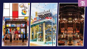 Three images showcasing Disneyland Resort hotels: Pixar Place Hotel's colorful entrance with a Luxo Ball and guests walking in, Disneyland Hotel's Monorail-themed pool area, and the warm, grand lobby of Disney's Grand Californian Hotel & Spa.