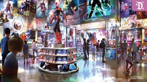 Artist concept of the Avengers Reserve store at Downtown Disney District. The vibrant interior features superhero merchandise, illuminated displays, Marvel character artwork, and themed decor, with guests browsing the dynamic space.