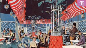 Vintage illustration of a whimsical Disneyland restaurant with red-and-white striped canopies, ornate decor, and guests in mid-20th century attire.