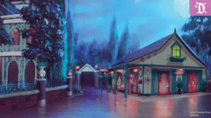 A vibrant, animated street scene featuring a charming house and a cozy building, surrounded by lush trees under a twilight sky.