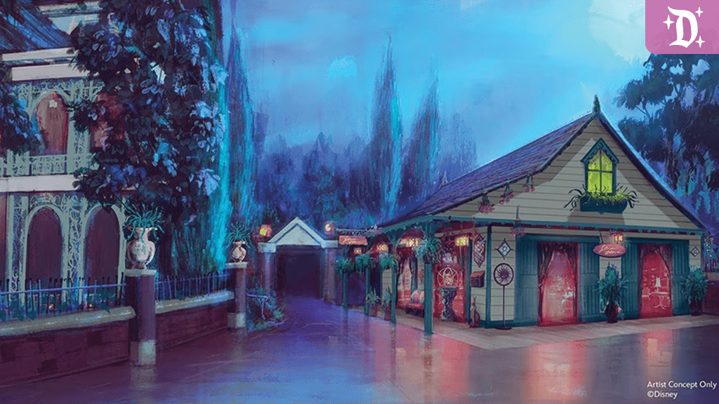 A vibrant, animated street scene featuring a charming house and a cozy building, surrounded by lush trees under a twilight sky.