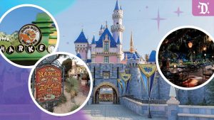 Collage of Disneyland dining spots including Good Boy Grocers, Rancho del Zocalo Restaurante, an outdoor dining area, and Sleeping Beauty Castle in the center.
