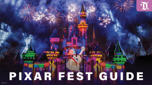 A vibrant Disney castle illuminated during a festival, with colorful fireworks in the sky and text overlay reading "PIXAR FEST GUIDE."