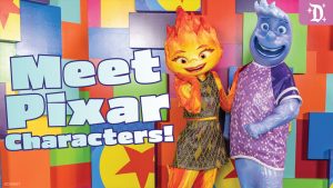 Two colorful animated characters stand side by side against a vibrant, patterned background, with the text "Meet Pixar Characters!" prominently displayed.