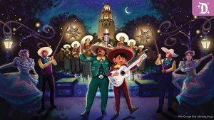 Miguel from Coco plays guitar with a mariachi musician in a festive, lantern-lit scene, surrounded by dancers and musicians under a starry sky.