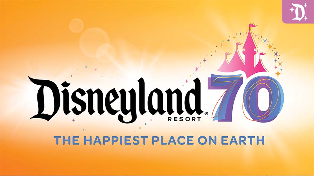 disneyland-resort-70th-anniversary Disneyland Resort 70th anniversary logo featuring a pink castle, colorful "70" text, and the tagline "The Happiest Place on Earth" on a bright orange background.