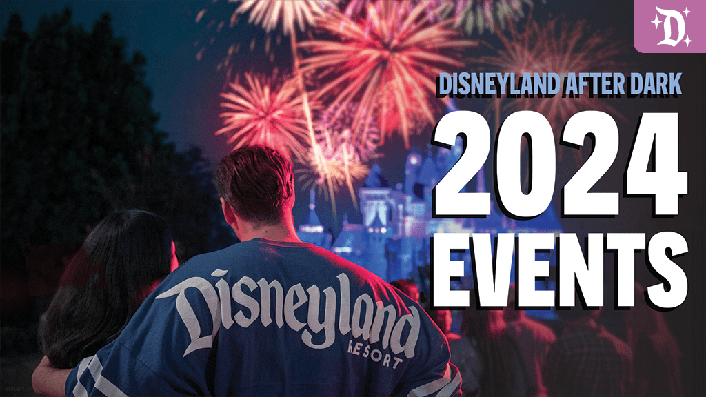 disneyland-resort-after-dark-events-2024 A couple watches colorful fireworks over Disneyland, promoting 2024 events. The scene is vibrant and captures a magical evening atmosphere.