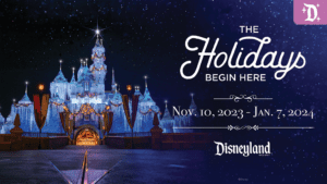 A beautifully illuminated Disneyland castle with festive lights, promoting the holiday season from November 10, 2023, to January 7, 2024.