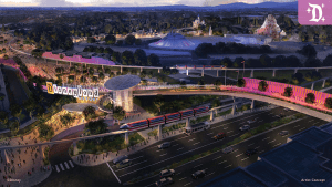 Artist concept of Disneyland Resort's future transformation with monorail, pedestrian bridge, and illuminated entrance at dusk.