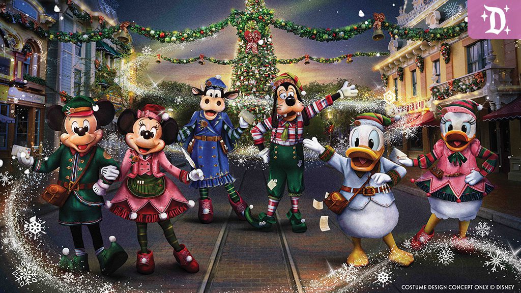 Mickey, Minnie, Goofy, Donald, Daisy, and Clarabelle in festive holiday attire on a decorated Main Street, U.S.A., with snowflakes and lights.