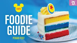 A colorful layer cake with yellow, blue, and red layers, topped with yellow frosting and a star badge, alongside "Foodie Guide" text.