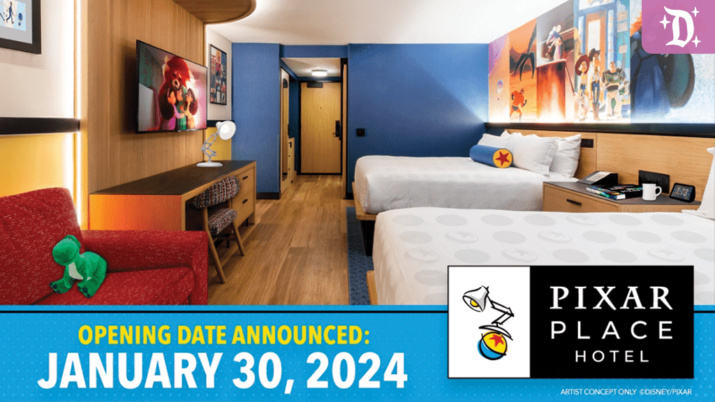A modern hotel room featuring two beds, colorful decor, and Pixar-themed artwork. A sign announces the hotel opens on January 30, 2024.