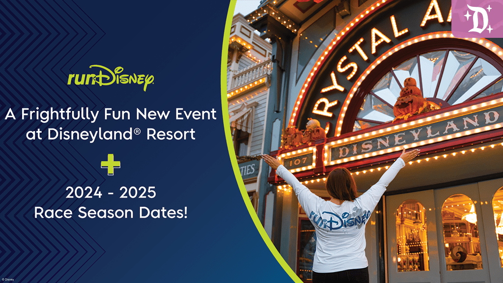 disneyland-resort-rundisney-2024-2025-race-season A person stands with arms outstretched in front of the Crystal Arcade at Disneyland, promoting a new runDisney event and upcoming race season dates.