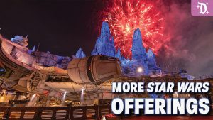 A nighttime scene featuring the Millennium Falcon with fireworks in the background, accompanied by the text "More Star Wars Offerings."