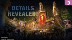 Concept art of a nighttime show at Star Wars: Galaxy’s Edge in Disneyland, featuring a glowing red projection of two characters holding hands on the spires of Batuu. A crowd of guests watches as the scene unfolds under a starry sky, with "DETAILS REVEALED!" displayed in bold text.