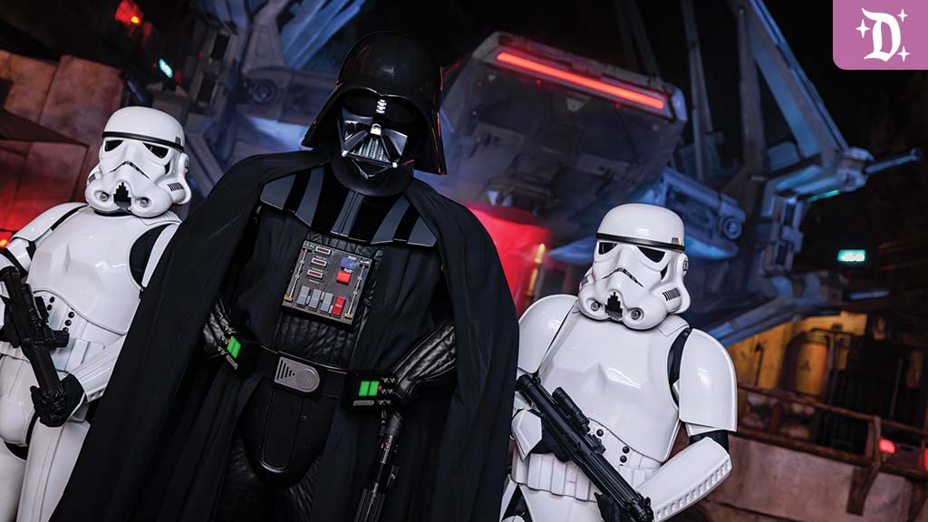 Darth Vader and Imperial Stormtroopers at Star Wars: Galaxy's Edge in Disneyland park.