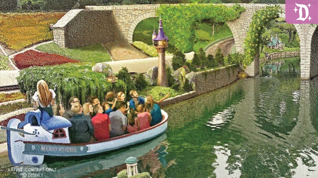 disneyland-storybook-land-canal-rapunzel Concept art of a Storybook Land Canal Boats scene at Disneyland, featuring Rapunzel’s Tower surrounded by greenery, with guests riding a decorated boat along the canal.