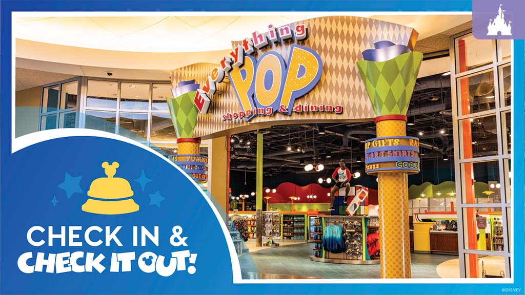 disneyworld-all-star-pop-century-refurbishments Entrance to Everything POP Shopping & Dining at Disney's Pop Century Resort, featuring colorful decor, merchandise displays, and vibrant signage.