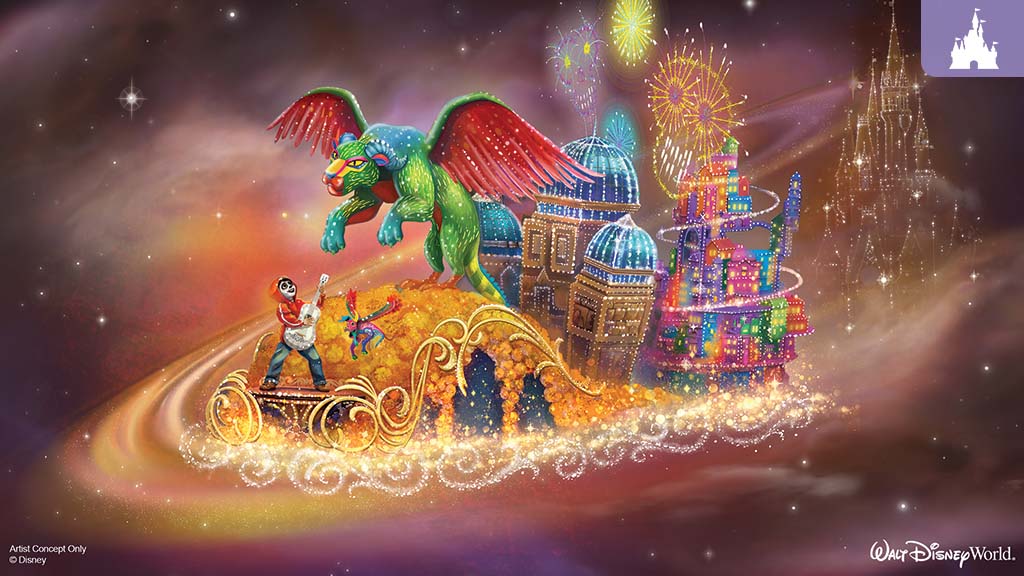 disneyworld-coco-float Concept art of a vibrant Coco-themed parade float featuring Miguel playing his guitar on a golden path, with a colorful Pepita figure above and glowing buildings, fireworks, and marigold petals in the background.
