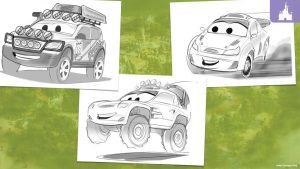 Black and white concept art of three Cars-themed vehicles, including an off-road SUV with roof lights, a sporty race car, and a lifted truck with large tires.
