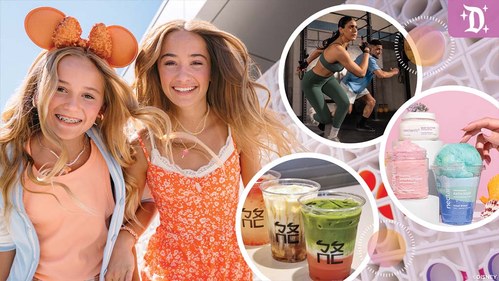 downtown-disney-coming-soon Two smiling girls at Downtown Disney wearing bright outfits and Mickey ears, with circular insets showing lululemon athletic training, Bopo Go! boba drinks, and Nectar Life bath products.
