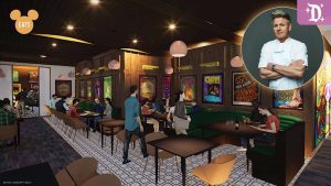 Rendering of Gordon Ramsay’s upcoming Downtown Disney gastropub, featuring vibrant ‘60s British pop art, moody lighting, and modern seating areas, with an inset of Chef Ramsay in a white chef’s coat.