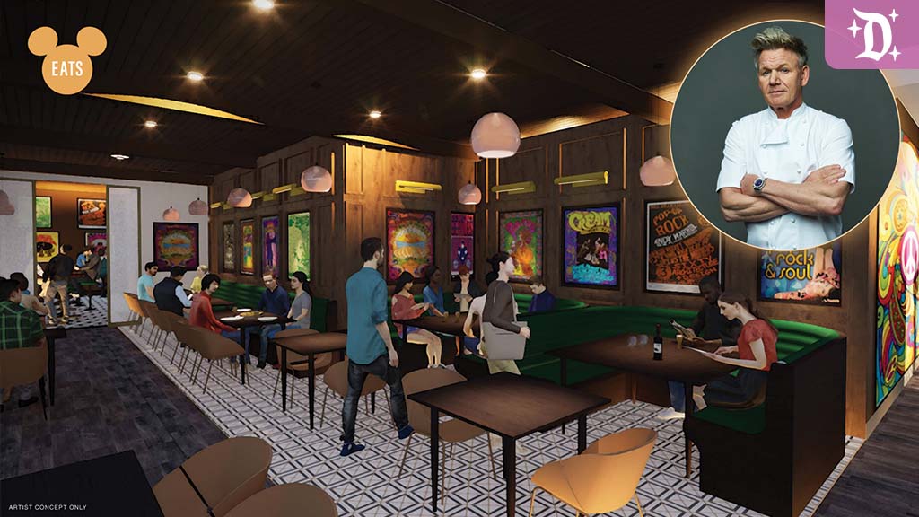downtown-disney-gordon-ramsay-carnaby Rendering of Gordon Ramsay’s upcoming Downtown Disney gastropub, featuring vibrant ‘60s British pop art, moody lighting, and modern seating areas, with an inset of Chef Ramsay in a white chef’s coat.