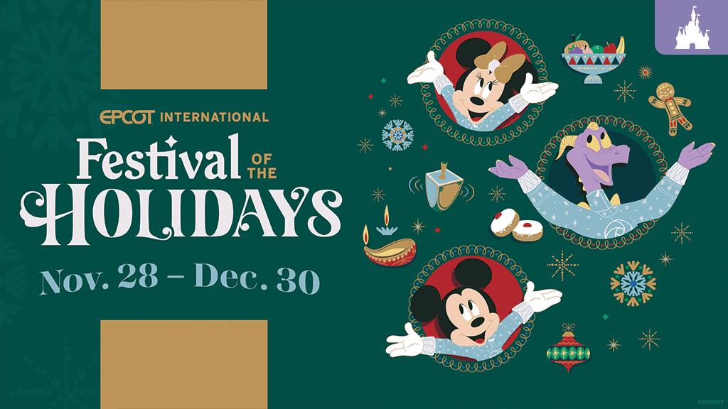 Promotional image for EPCOT International Festival of the Holidays, featuring Mickey, Minnie, and Figment in holiday sweaters with festive icons; event dates are Nov. 28–Dec. 30.