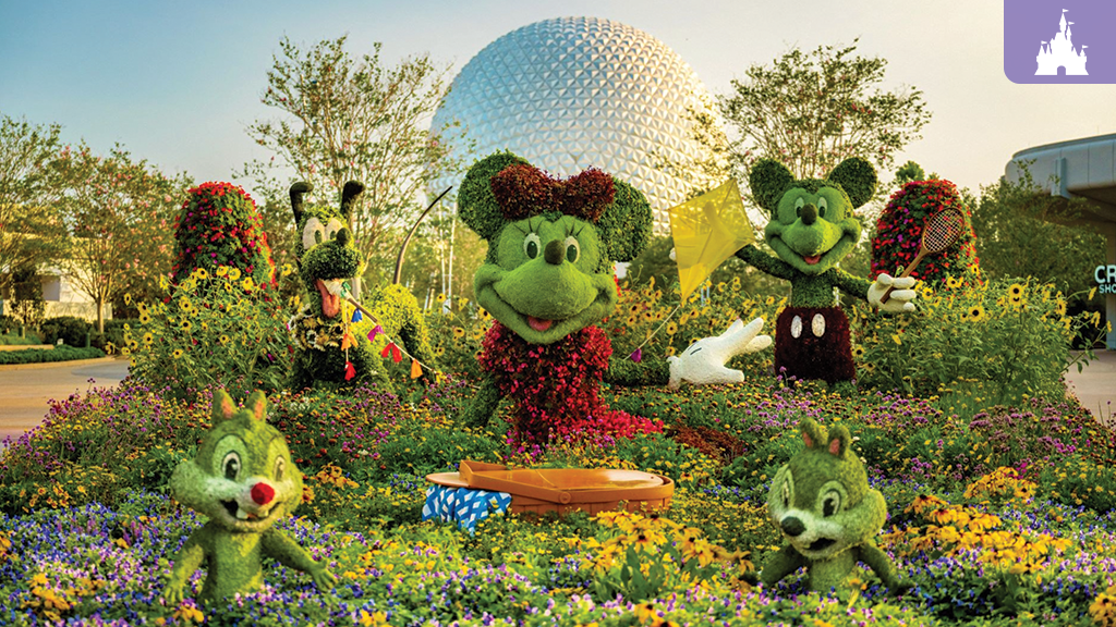 Mickey, Minnie, Pluto and Chip ‘n’ Dale topiaries bloom in colorful flowers at EPCOT Flower & Garden Festival with Spaceship Earth behind them.