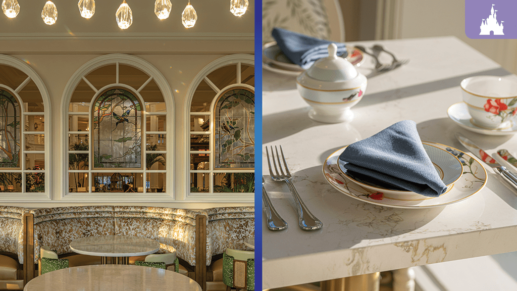 Elegant Garden View Lounge interior with stained glass windows, floral seating, and refined tea setting with china and blue napkin