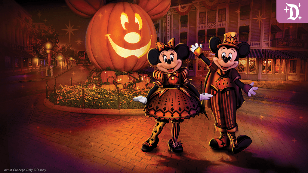 Mickey and Minnie Mouse in Halloween costumes on Main Street U.S.A. at Disneyland, with a giant glowing Mickey pumpkin behind them.