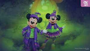 Mickey and Minnie Mouse in vibrant purple, green, and orange Halloween costumes, posing in front of a glowing Mickey-shaped pumpkin at Disneyland.