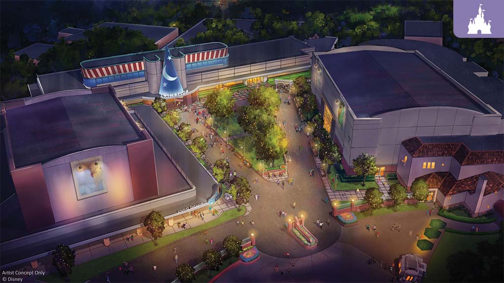 Artist concept rendering of The Magic of Disney Animation courtyard with Sorcerer Hat, studio buildings, trees, and guests at Disney’s Hollywood Studios.