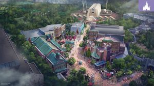 ChatGPT said: Concept art of a vibrant Monsters, Inc. theme park area with colorful buildings, tree-lined streets, a fountain, and bustling pathways filled with visitors.