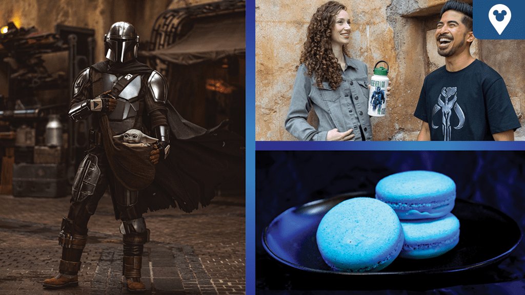 The Mandalorian holding Grogu alongside Star Wars-themed merchandise and blue macarons available at Disney Parks