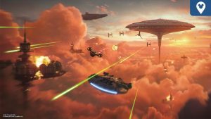 Concept art of the Millennium Falcon flying through a dramatic sky above Cloud City, engaged in a battle with TIE fighters and explosions in the background.