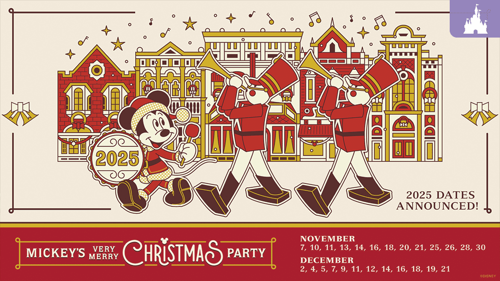 mickey-christmas-party-2025 Illustration of Mickey Mouse leading toy soldiers in a festive parade for Mickey’s Very Merry Christmas Party 2025, with Main Street buildings in the background and event dates listed for November and December.