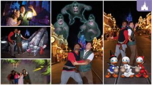 A collage of fun images featuring two friends in a theme park with animated characters and ghostly figures in the background.
