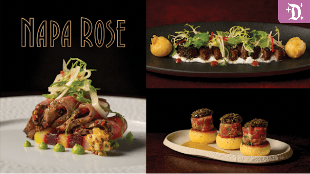 Elegant dishes from Napa Rose at Disney’s Grand Californian Hotel, featuring beef tartare with caviar, plated beef with greens and croquettes, and a colorful layered meat dish with fresh garnish.