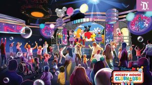 Children and families dancing and cheering at the "Disney Jr. Mickey Mouse Clubhouse Live!" show, featuring Mickey, Minnie, and friends on a vibrant, colorful stage.