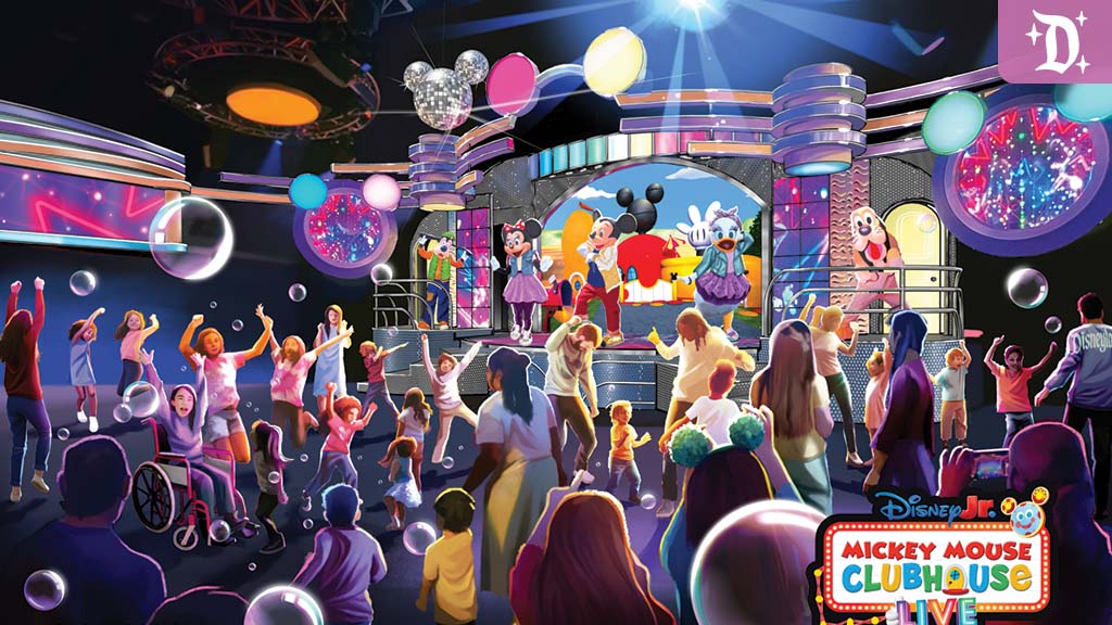 Children and families dancing and cheering at the "Disney Jr. Mickey Mouse Clubhouse Live!" show, featuring Mickey, Minnie, and friends on a vibrant, colorful stage.