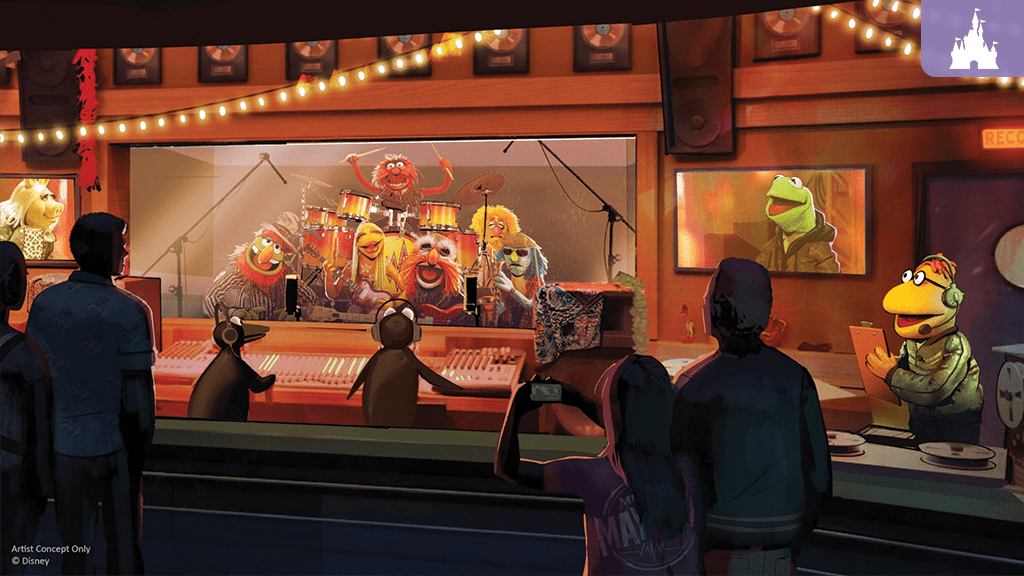 The Electric Mayhem performs inside G-Force Records recording studio with Scooter and penguin engineers in Rock ’n’ Roller Coaster Starring The Muppets.