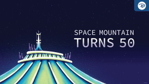 Illustration of Space Mountain's futuristic, conical structure under a starry night sky, with the text "Space Mountain Turns 50" prominently displayed in bold, glowing letters.