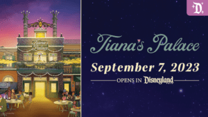 Illustration of Tiana's Palace, announcing its opening on September 7, 2023, at Disneyland, with vibrant colors and festive details.