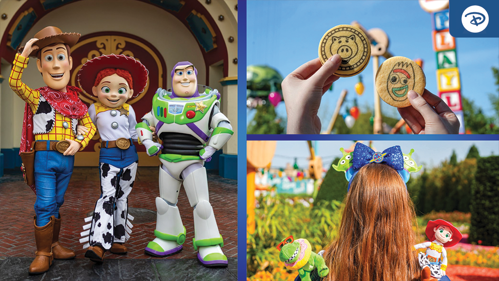 Woody, Jessie, and Buzz Lightyear posing at Disney Parks alongside Toy Story 5 themed cookies and Little Green Men Minnie ears merchandise.